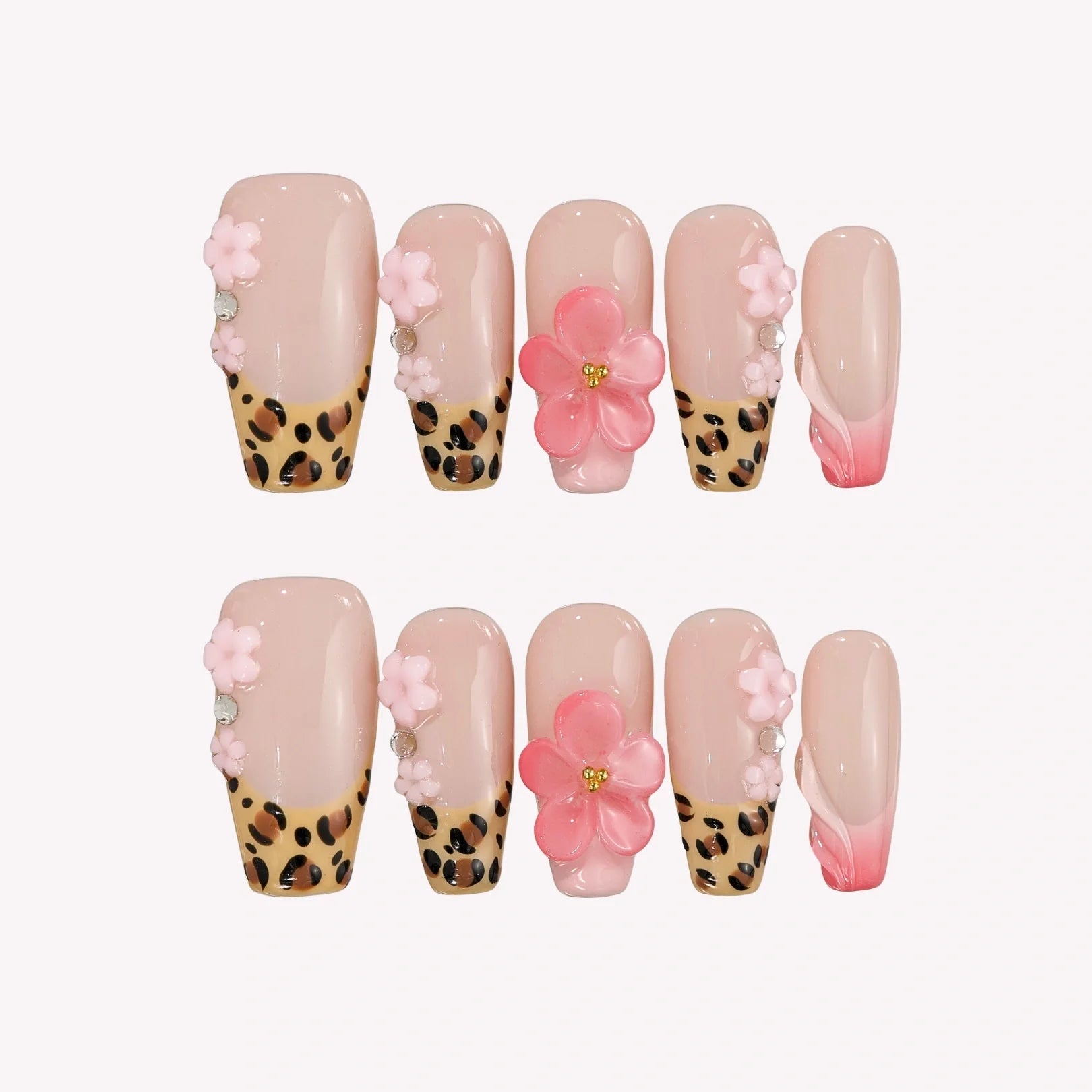 Wild Bloom – Medium Coffin Leopard Print Press On Nails