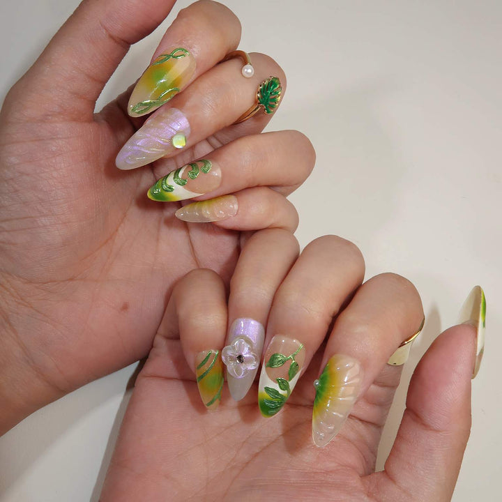 Verdant Allure Almond Press On Nails – Reusable Salon Quality Nail Set