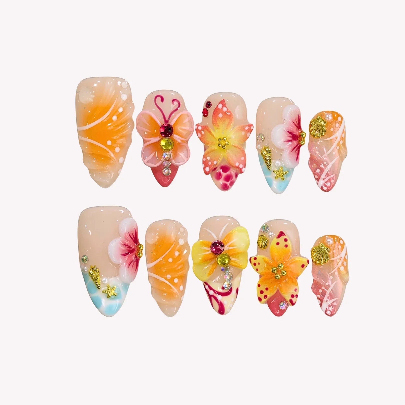 Warm & Colorful – Medium Almond Tropical Press On Nails