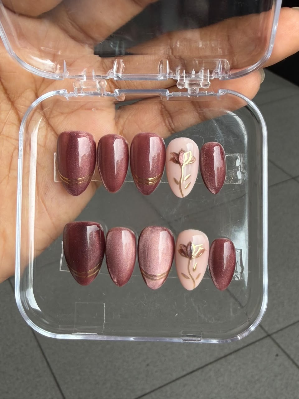 Burgundy Bloom – Small Almond Press On Nails