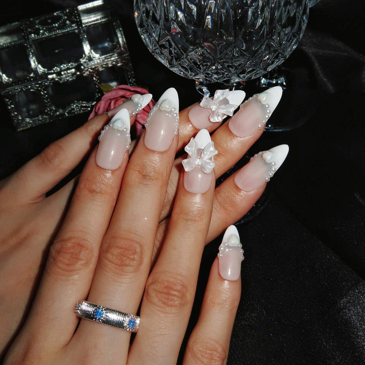 White Ribbon – Almond Press On Nails