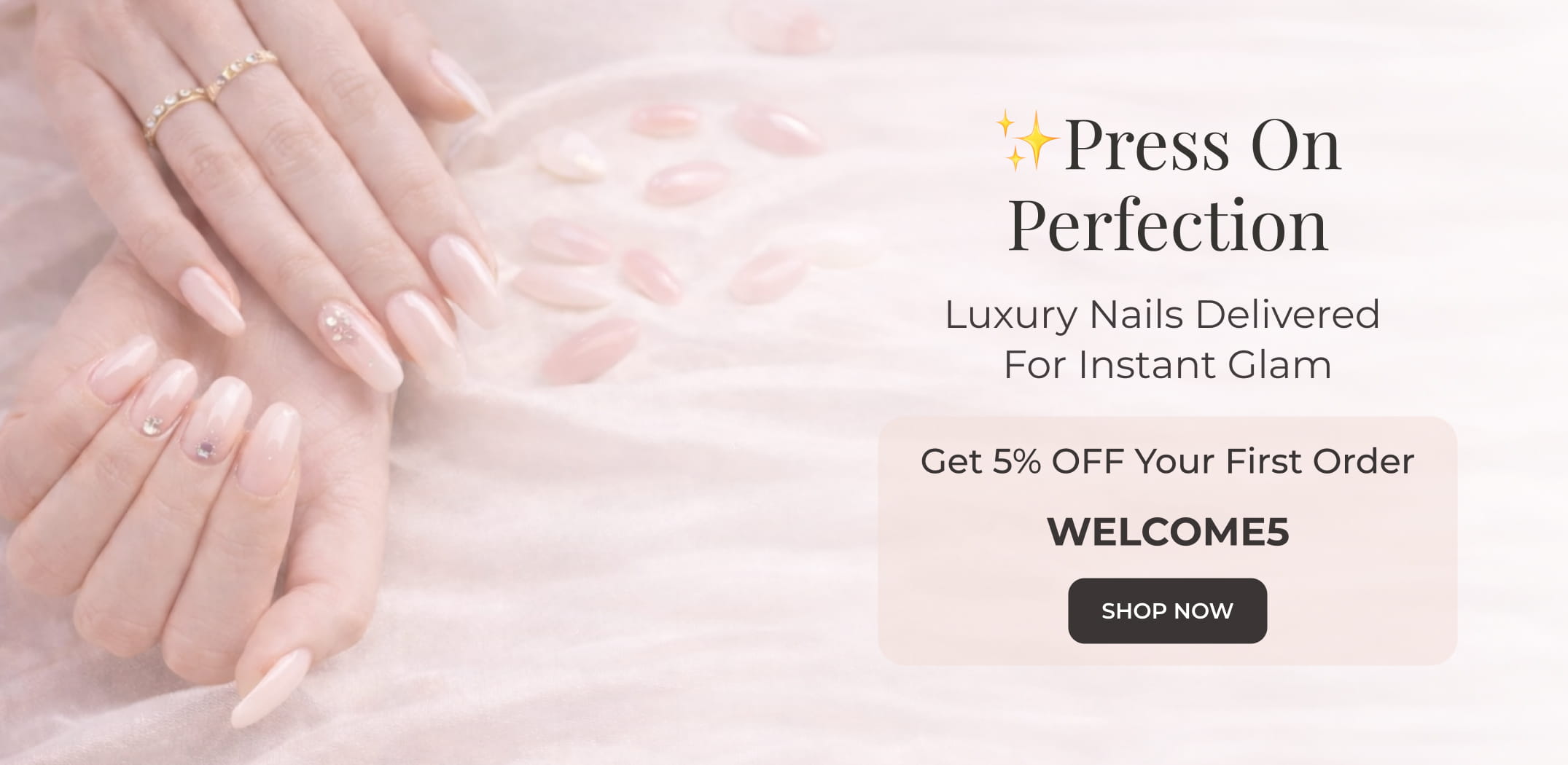 Luxury press-on nails on hands with soft pink design – salon-quality nails for instant glam