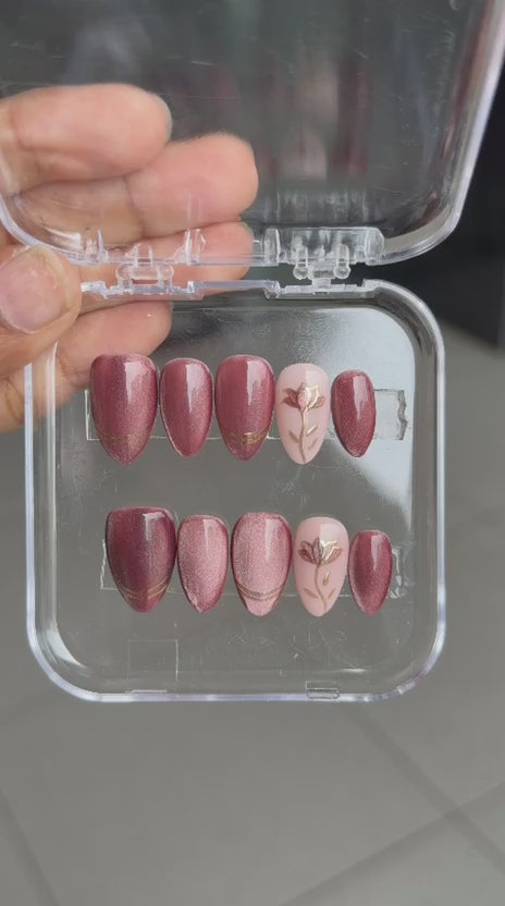 Burgundy Bloom – Small Almond Press On Nails