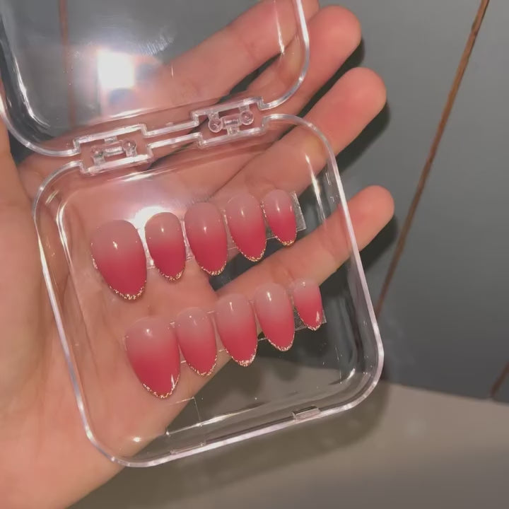 Sunset Blush Ombre Press-On Nails with Gold Glitter Tips