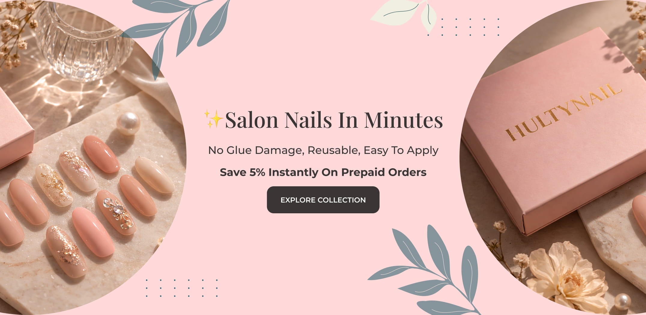 Luxury press-on nails set with nude and gold designs – reusable salon nails in minutes with Hultynail packaging